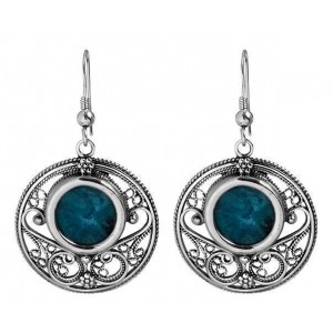 Round Sterling Silver Earrings with Eilat Stone and Swirling Carvings-Rafael Jewelry Earrings