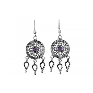Round Sterling Silver Earrings with Drops & Amethyst by Rafael Jewelry Earrings