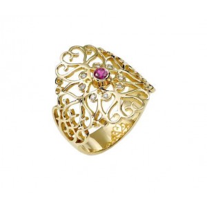 14k Gold Ring with Diamond & Ruby and Heart Motif Rafael Jewelry Designer Anillos Judíos