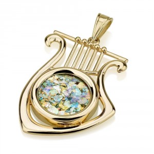 David's lyre Pendant 14K Yellow Gold with Roman Glass by Ben Jewelry Artistas y Marcas