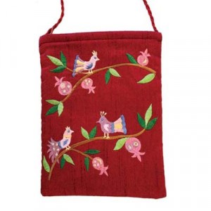 Embroidered Maroon Handbag with Bird and Pomegranate Motif by Yair Emanuel Judaica Moderna
