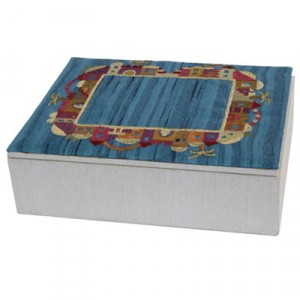 Yair Emanuel Embroidered Jewelry Box With Jerusalem Depictions in Blue Accesorios

