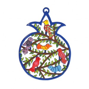 Yair Emanuel Laser Cut Hand Painted Pomegranate Wall Hanging with Birds Default Category