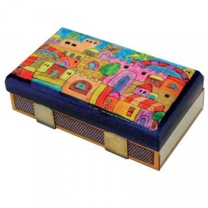 Yair Emanuel Kitchen Sized Wooden Matchbox Holder with Jerusalem Vistas Design Match Boxes & Holders