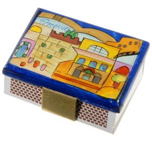 Yair Emanuel Kitchen Sized Wooden Matchbox Holder with Jerusalem City Vistas Judaica Moderna