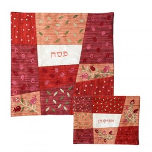 Yair Emanuel Silk Matzah Cover Set with Red Patches Bolsas de Afikoman