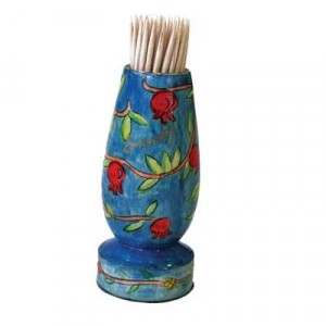 Yair Emanuel Painted Wooden Toothpick Stand with Pomegranates Kitchen Supplies