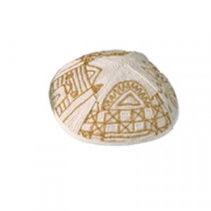 Yair Emanuel White and Gold Cotton Hand Embroidered Kippah with Jerusalem Motif Judaica Moderna