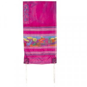Yair Emanuel Hand Painted Tallit with Jerusalem and Dove in Maroon Silk Modern Tallit