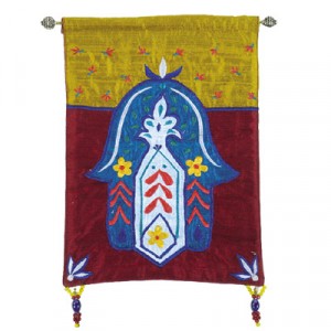 Yair Emanuel Raw Silk Embroidered Wall Decoration with Hamsa and Flowers in Blue Yair Emanuel