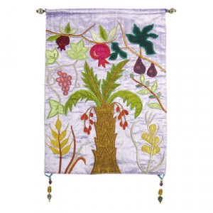 Yair Emanuel Raw Silk Embroidered Wall Decoration with Seven Species in Violet Ocasiones Judías