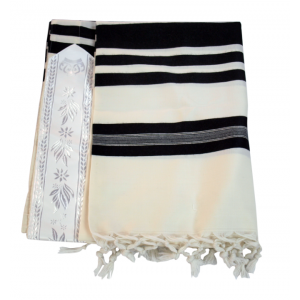 White Shabbat Wool Tallit with Tight Weave and Black Stripes Traditional Tallit