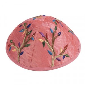 Yair Emanuel Pink Kippah with Colorful Tree Embroidery Kipot