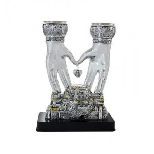 Silver Polyresin Shabbat Candlesticks with Jerusalem and Blessing Hand Stems Candelabros