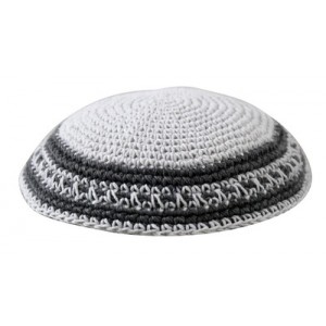 White Knitted Kippah with Thick Slate Gray Lines and Thin Dotted Line Judaíca
