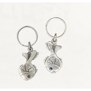 Silver Fish Keychain with Inscribed Hebrew Text and Swarovski Crystals Souvenirs From Israel