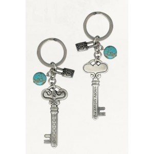 Silver Keychain with Skeleton Key Design, Turquoise Discs and Small Locks Artistas y Marcas