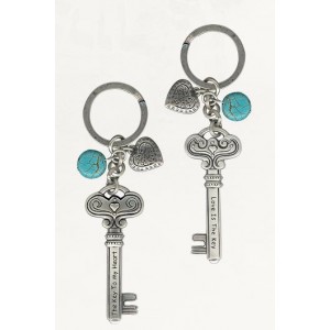 Silver Keychain with Skeleton Key Design, English Text and Heart Charms Souvenirs From Israel