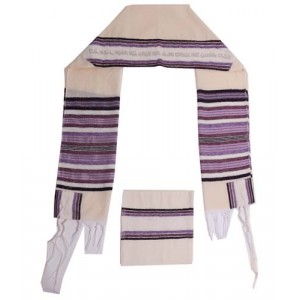 White Cotton Tallit with Purple and Black Stripes and Silver Hebrew Text Rikmat Elimelech