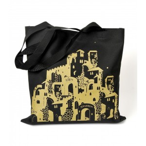 Black Canvas Jerusalem Tote Bag with Numerous Shapes by Barbara Shaw Jewish Souvenirs