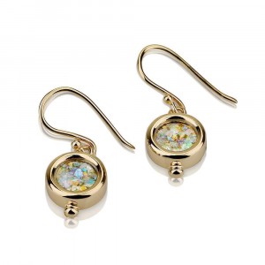 Earrings in Round Design and Roman Glass in 14k Yellow Gold Earrings