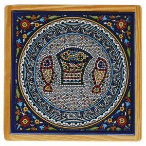 Armenian Wooden Trivet with Mosaic Fish & Bread Vaisselle