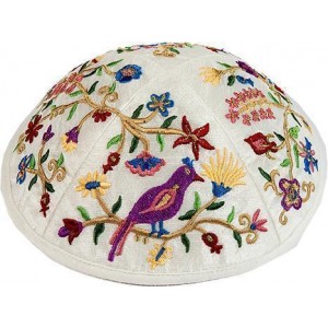 Kippah with Colorful Embroidered Birds & Flowers- Yair Emanuel Kipot