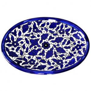 Armenian Ceramic Oval Plate Blue and White Floral Design Kitchen Supplies