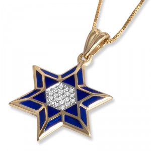 Gold Star of David Pendant with Diamonds and Blue Enamel Default Category