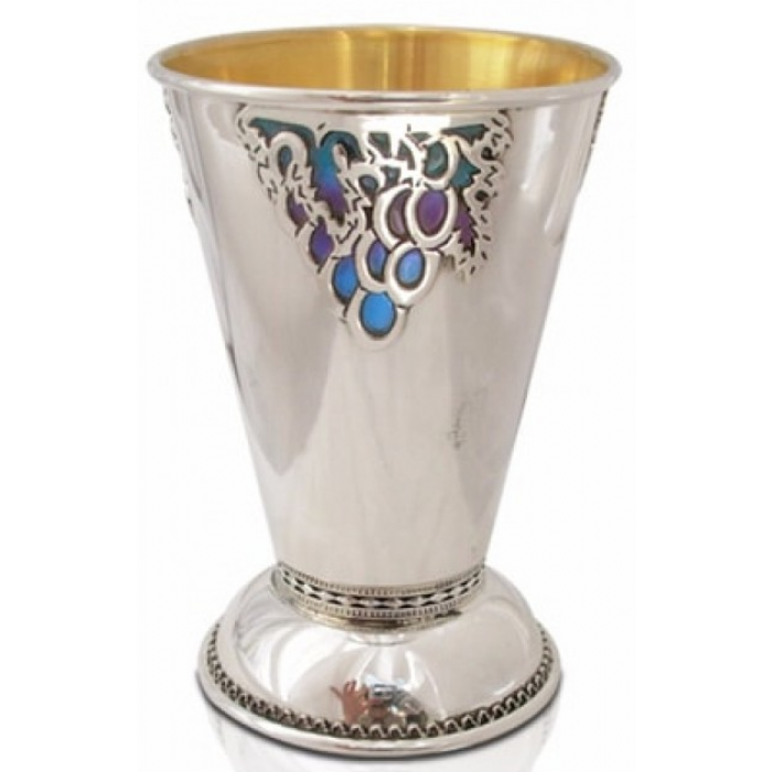 Kiddush Cup in Sterling Silver with Enamel Grapevine & Filigree by Nadav Art