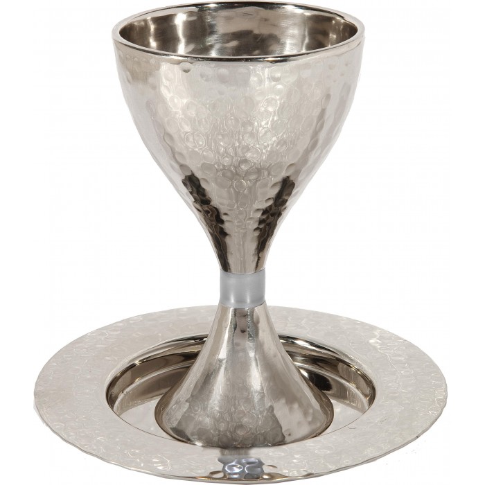 Hammered Kiddush Cup & Plate with White Ring by Yair Emanuel