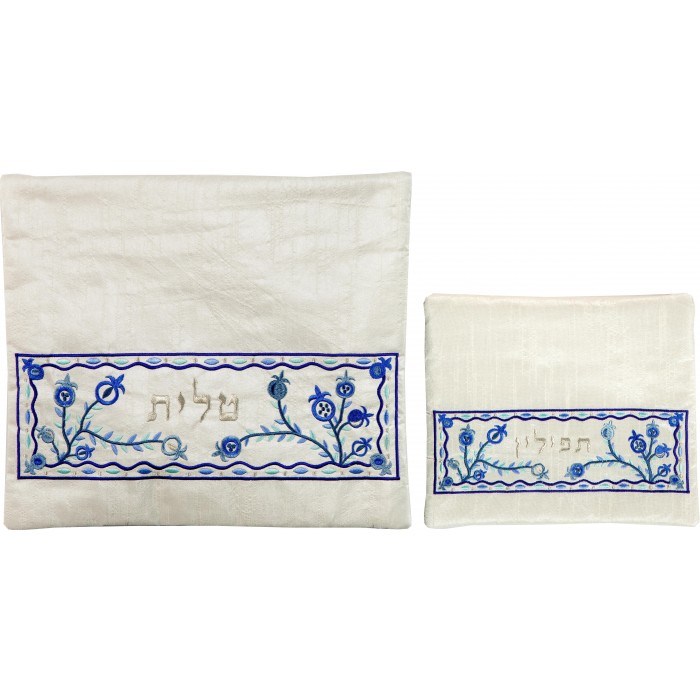 Tallit & Tefillin Bag Set with Pomegranate Detailing in White by Yair Emanuel