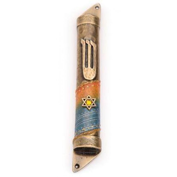 Semicircular Brass Mezuzah with Star of David in Yellow and Blue