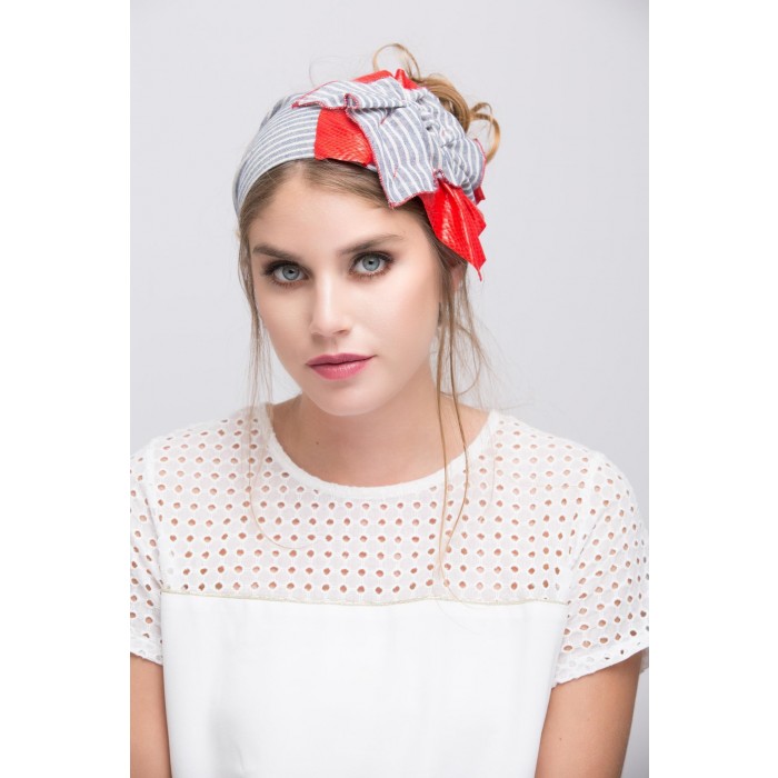 Striped Headscarf Tied with Ribbon Made from Cotton