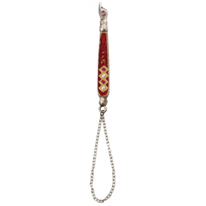 Torah Pointer with Red and White Beads and Red Floral Pattern in Metal
