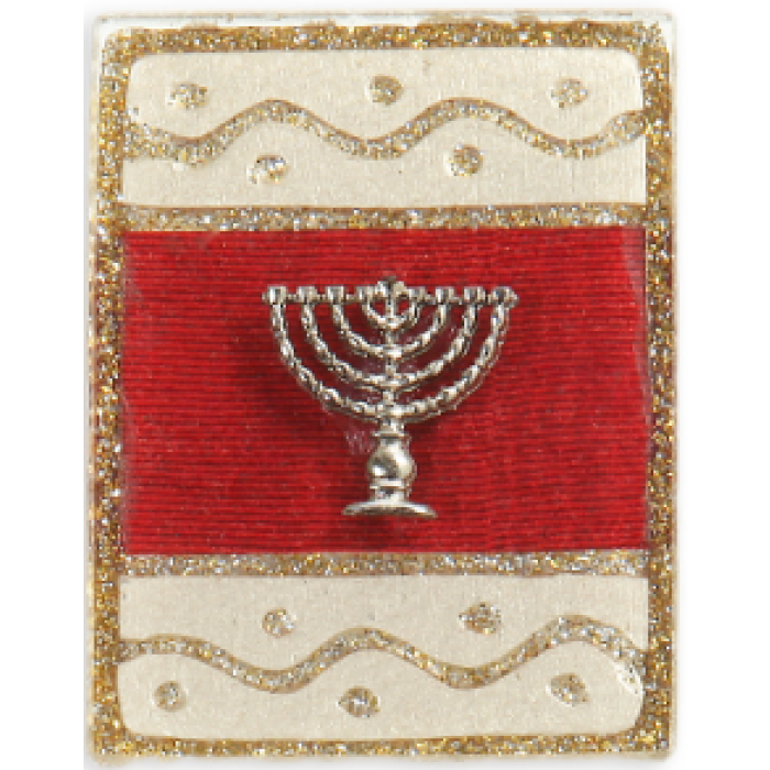 Glass Magnet with Menorah, Silver Lines and Dots and Red Background