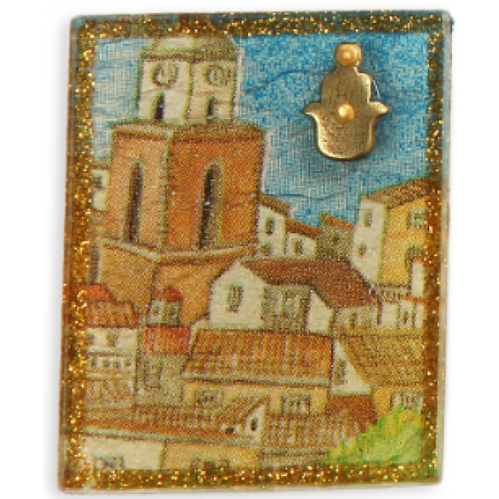 Glass Magnet with Jerusalem, Hamsa and Orange Beads