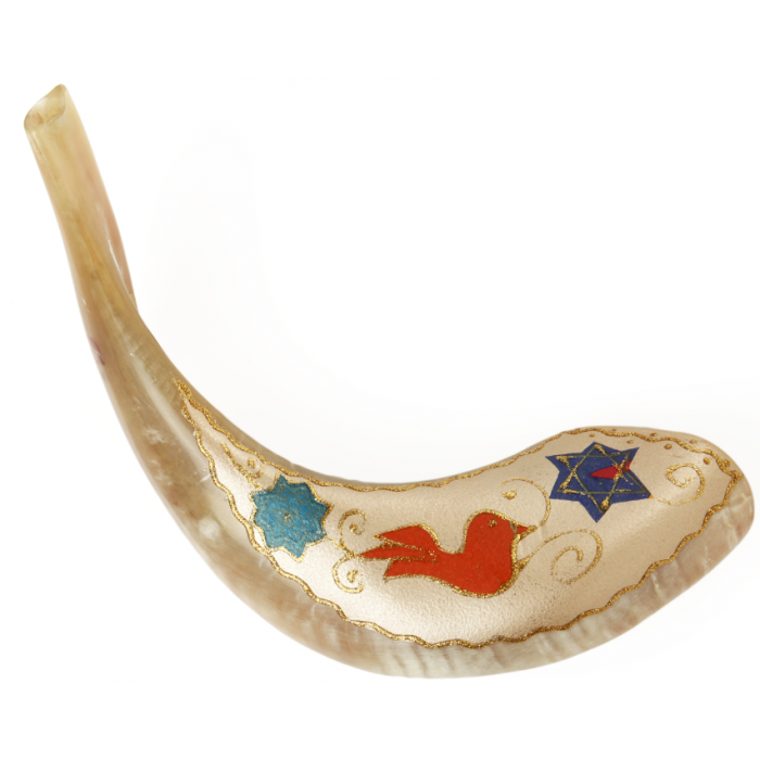 Ram Horn Shofar with Star of David, Flower and Red Dove in White
