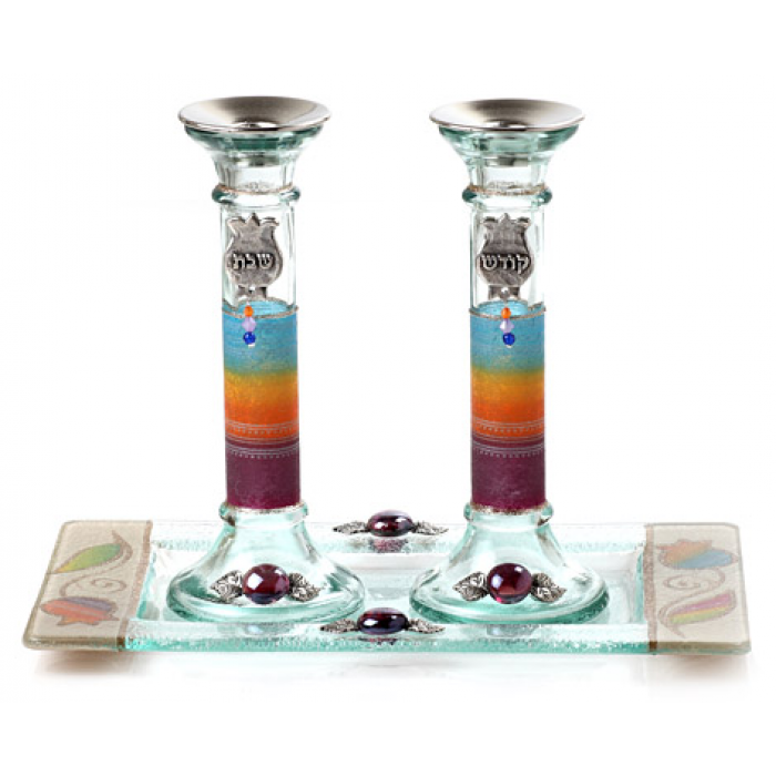 Glass Shabbat Candlesticks with Rainbow Striping and Tray