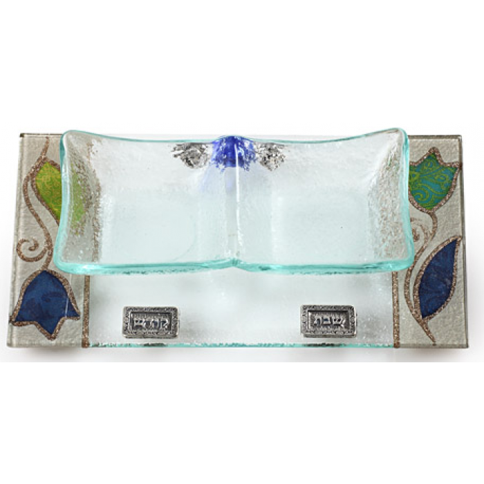 Small Shabbat Tea Light Set with Bright Flower Design and Tray