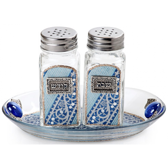 Glass Salt and Pepper Shaker Set for Shabbat with Fine Blue Motif