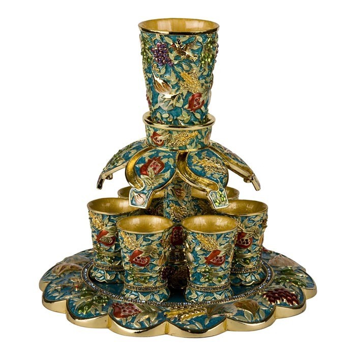 Turquoise and Gold Acrylic Wine Set with Seven Species and Dispenser
