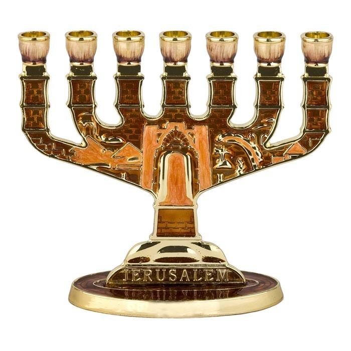 7 Branch Jerusalem Menorah with Brown Enamel