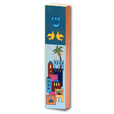 Doves and Jerusalem Scene Mezuzah with Traditional Shin