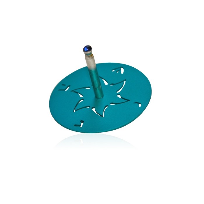 Turquoise Aluminium Dreidel with Cut-Out Star of David and Hebrew Letters