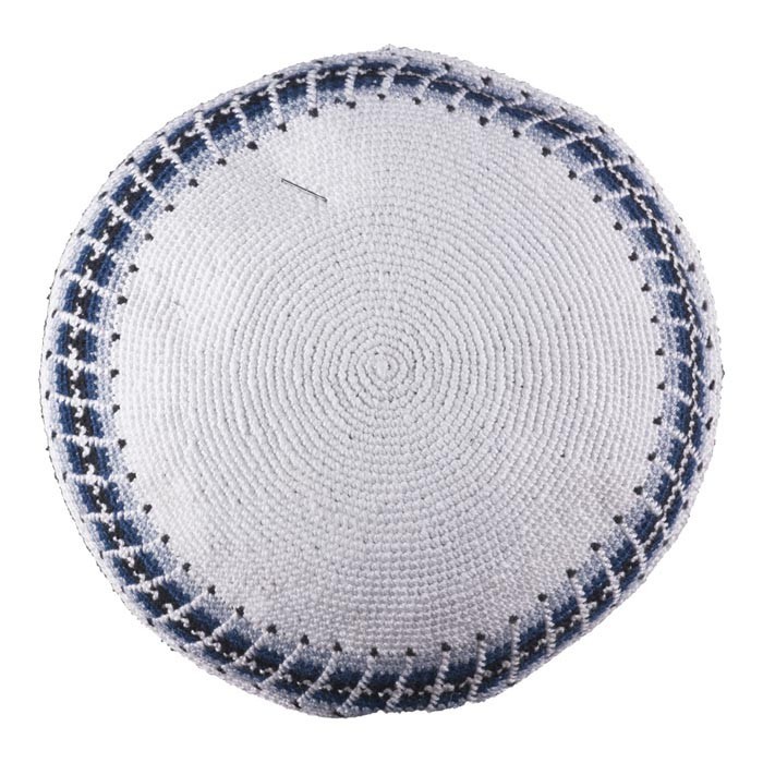 Hand Woven White DMC Knitted Kippah with Blue, Grey and Black Stripes