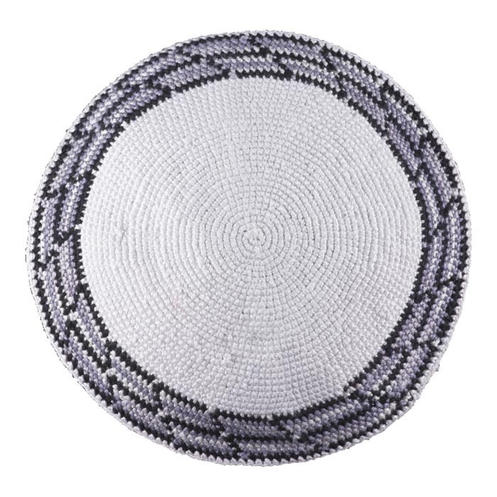 Hand Woven White Knitted Kippah with DMC Thread and Grey Band