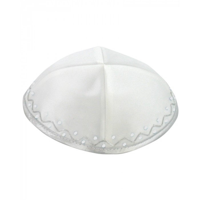 20 Centimetre White Satin Kippah with Four Sections and Silver Embroidering