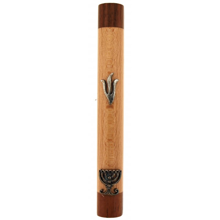 Two-Tone Wood Mezuzah Case with Shin and 7 Branch Menorah
