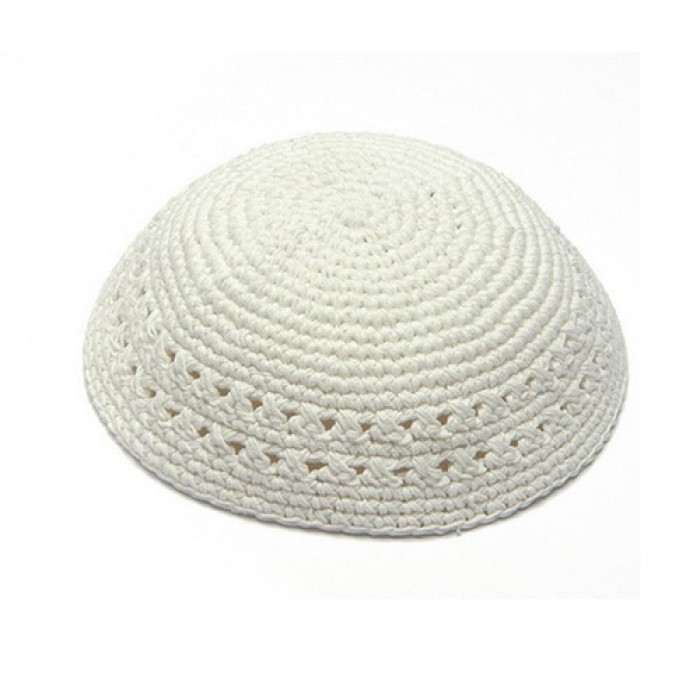 18cm White Knitted Kippah with Two Air Hole Rows
